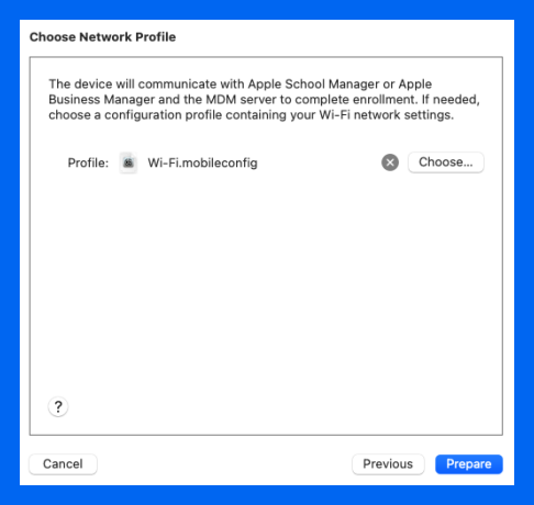 Add or create a Wi-Fi profile if you’re using Wi-Fi then click Prepare