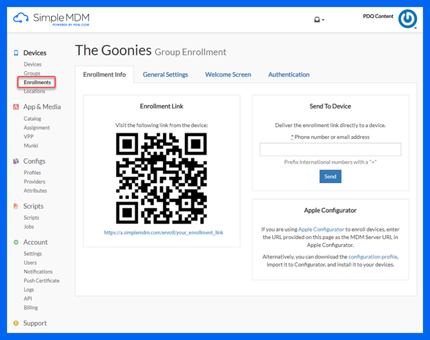 SimpleMDM enrollments screen.