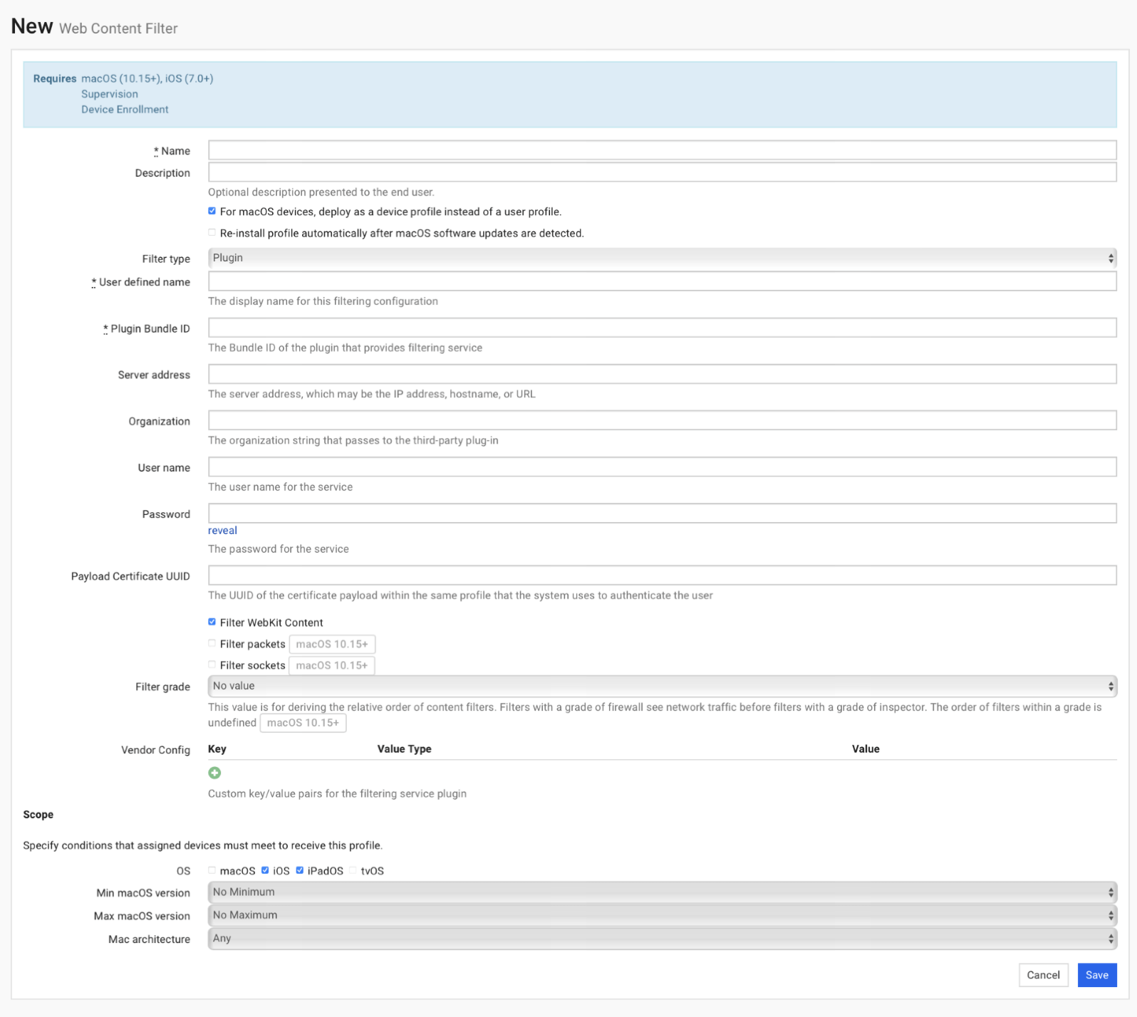 Screenshot of SimpleMDM interface showing a new Web Content Filter profile.