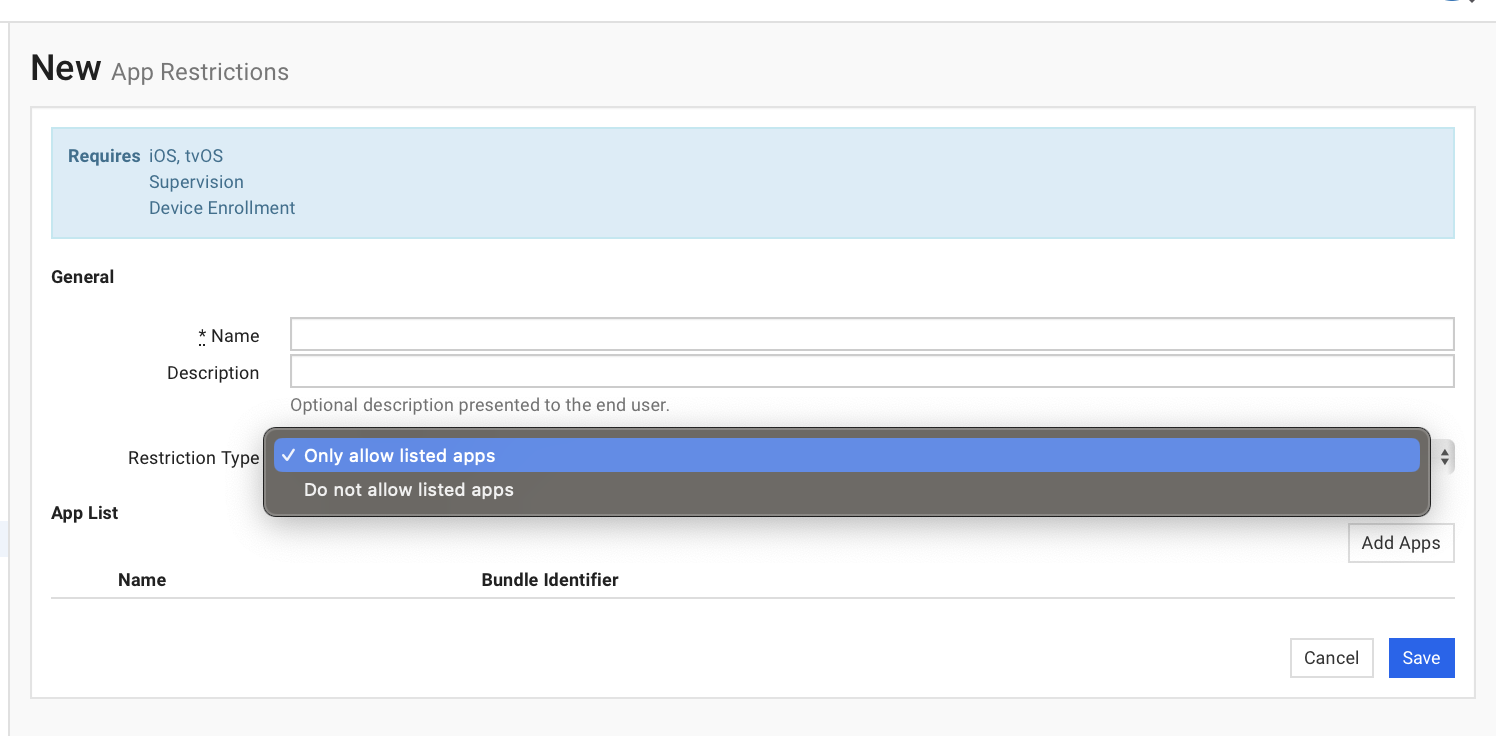 Screenshot of SimpleMDM interface showing a new App Restrictions profile.