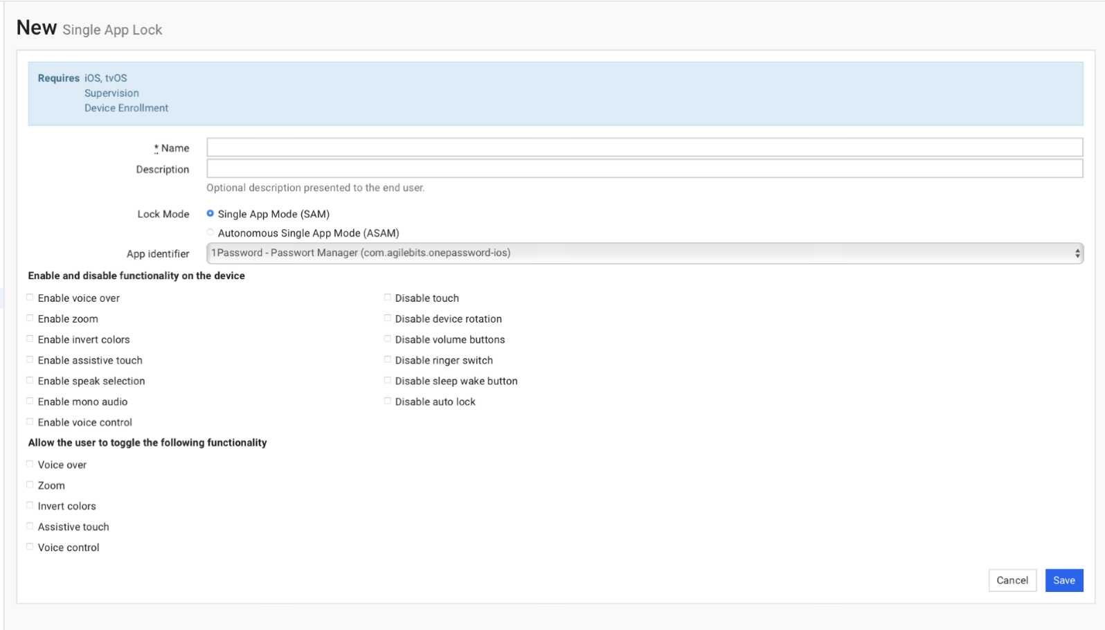 Screenshot of SimpleMDM interface showing a new Single App Lock profile.