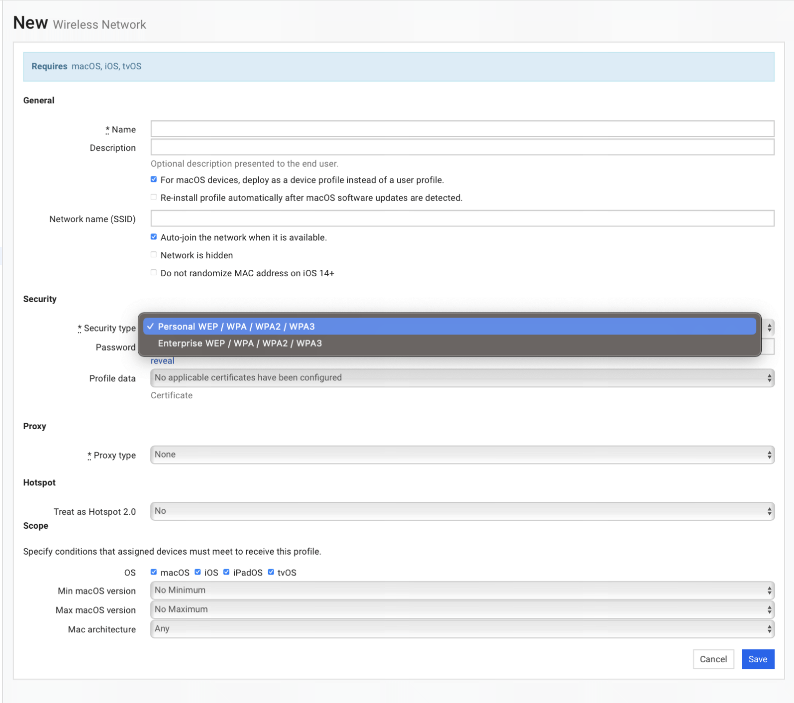 Screenshot of SimpleMDM interface showing a new Wireless Network profile.