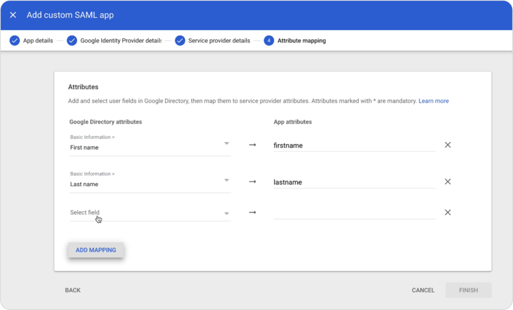 Add custom SAML app attribute mapping