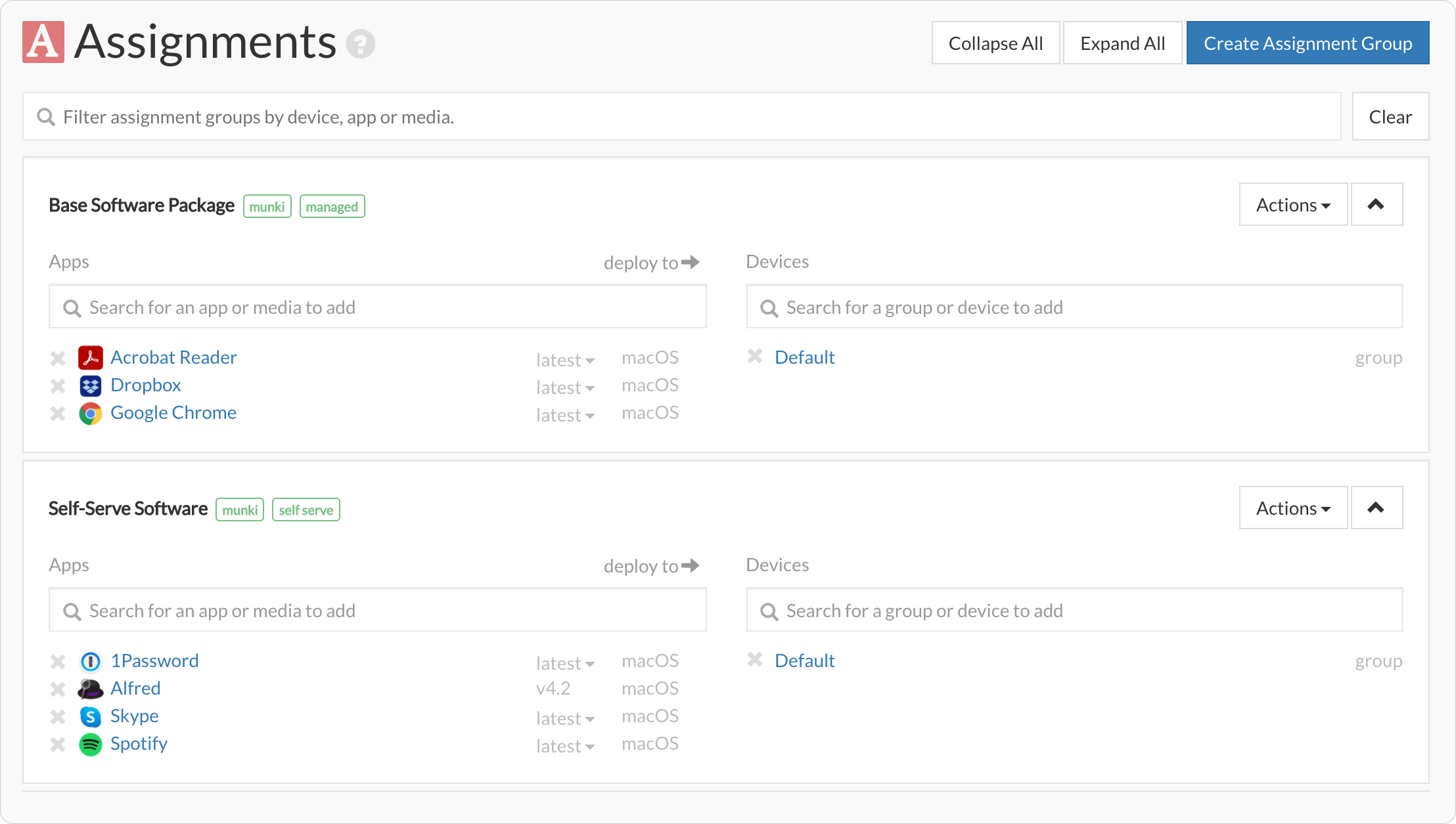 The assignments interface. In this case, apps have been assigned for both automatic (managed) and self-serve install.