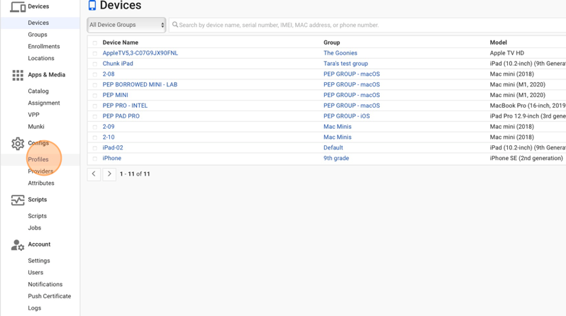 Screenshot showing the Profiles page option in SimpleMDM.