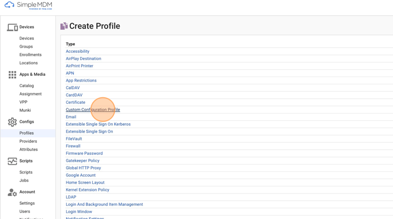 Screenshot showing the Custom Configuration Profile option in SimpleMDM. 