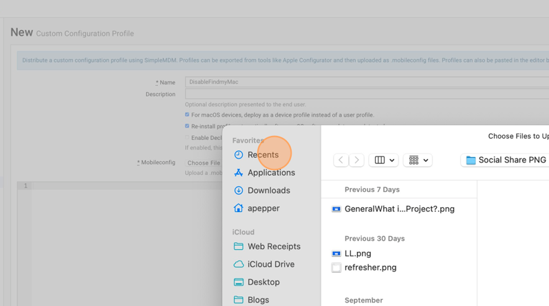 Screenshot showing the Recents section in SimpleMDM. 