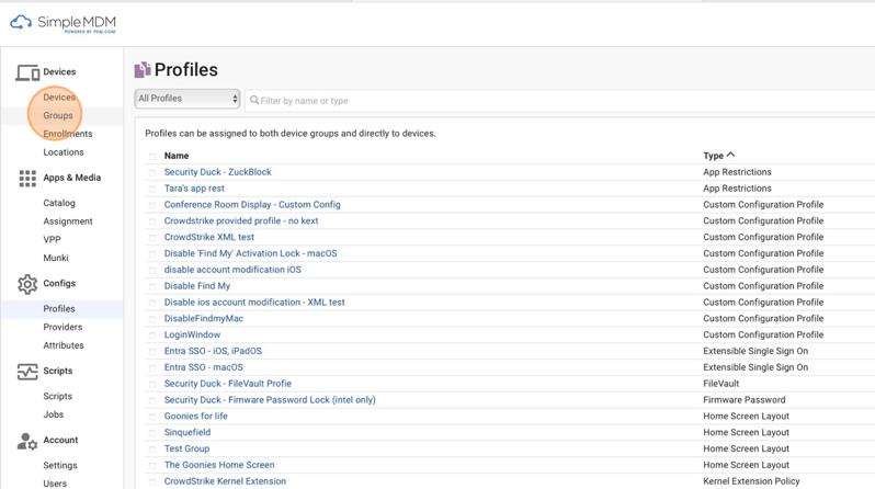 Screenshot of SimpleMDM showing the Groups section. 