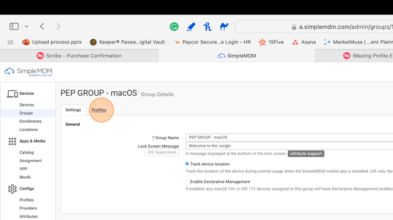 Screenshot of SimpleMDM showing the Profiles tab in PEP GROUP - macOS. 