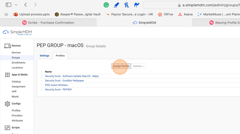 Screenshot of SimpleMDM showing the Assign Profile button Profiles tab in PEP GROUP - macOS. 