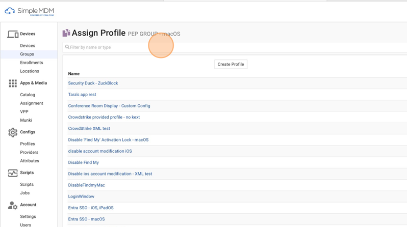 Screenshot of SimpleMDM showing the "Filter by name or type the profile name" field in the Assign Profile section for PEP GROUP - macOS. 