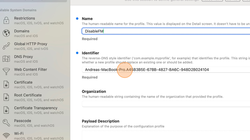 Screenshot of iMazing Profile Editor interface showing the identifier field. 