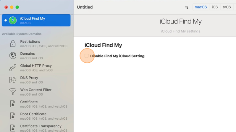 Screenshot of iMazing Profile Editor interface showing the Disable Find My iCloud Setting option. 