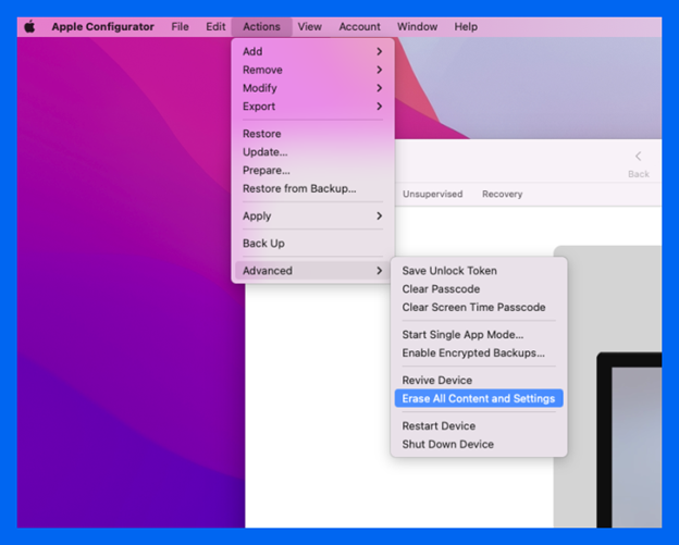 In Apple Configurator, select the device, and click Actions > Advanced > Erase All Content and Settings