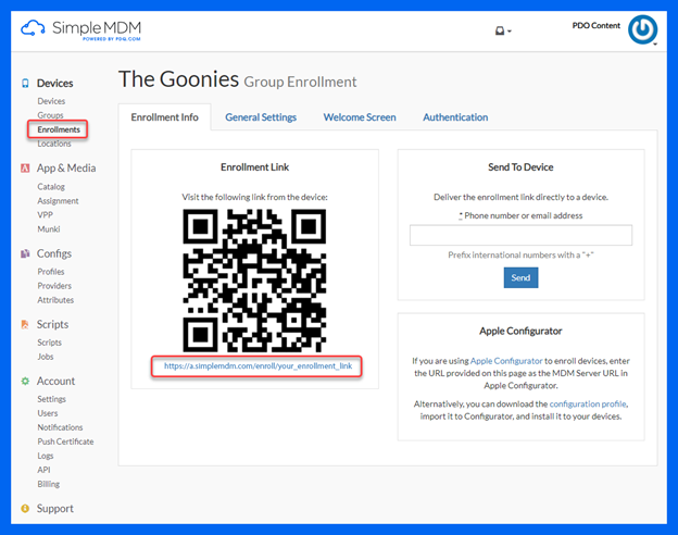 In the Enrollments screen in SimpleMDM, click on the group enrollment you created and copy the enrollment link