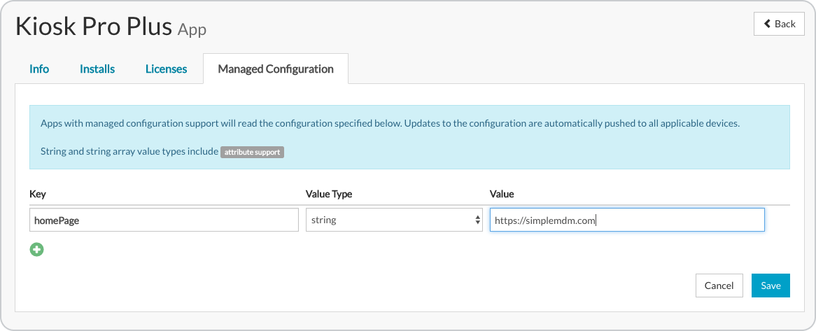 Image of a managed app configuration for the Kiosk Pro App