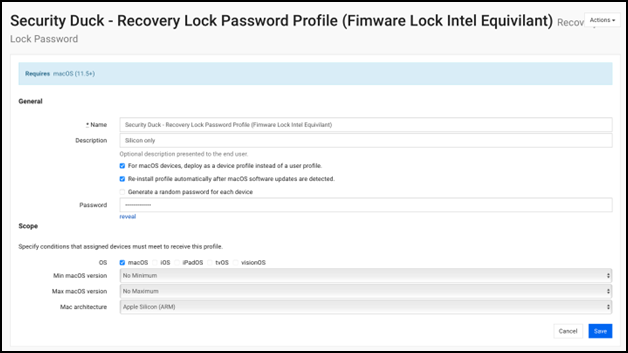 Screenshot of a completed Recovery Lock Password profile. 