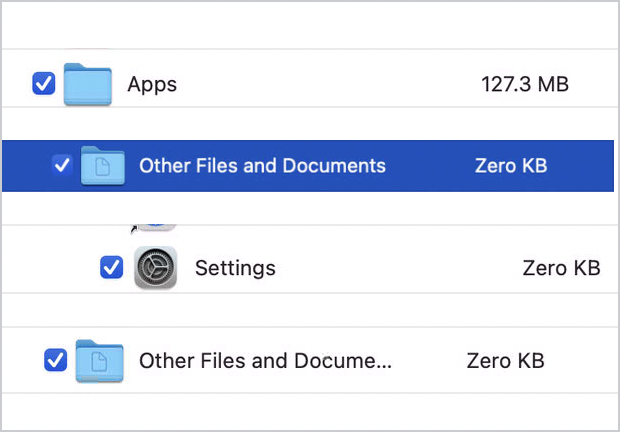 Screenshot of migration menu where you can select files and documents to omit from migration.