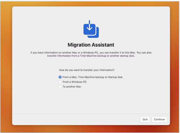 Screenshot of Migration Assistant's "How do you want to transfer your information?" panel.