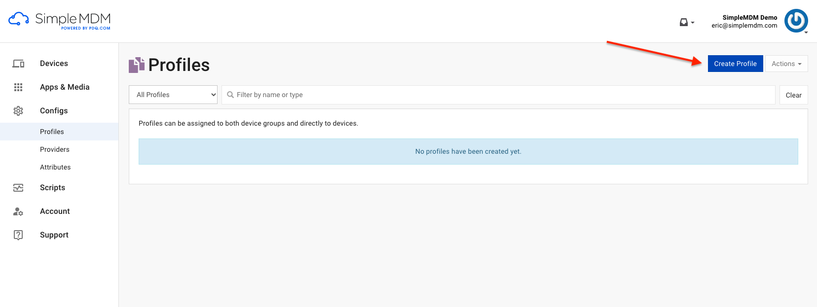 Image of the "Create Profile" button in the SimpleMDM Profiles section