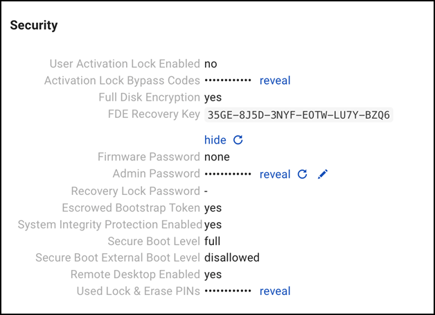 Screenshot showing the security section of the device information page in the SimpleMDM.