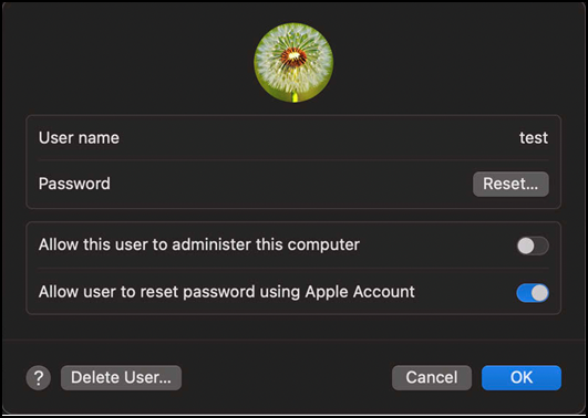 Screenshot showing the "Allow user to reset password using Apple Account" option in System Settings > Users & Groups >i. 