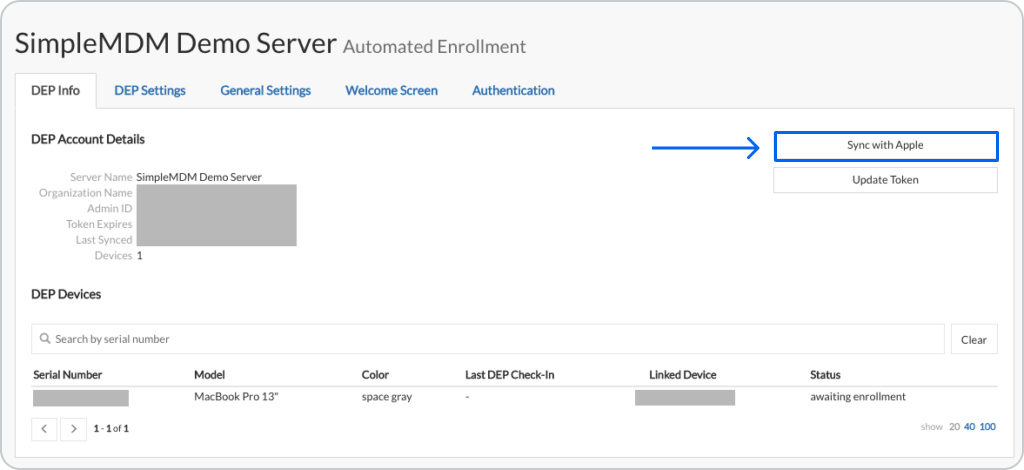 SimpleMDM demo server sync with apple selection