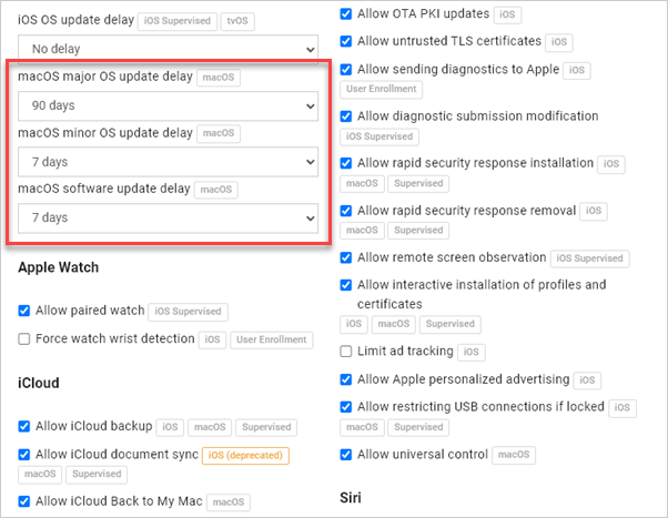 Configure the macOS update delay settings in the Restrictions profile.