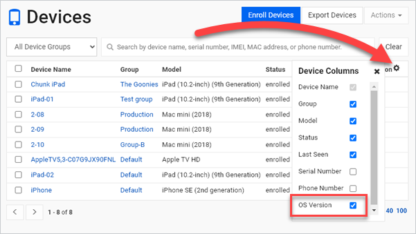 Click on the settings icon to view additional columns that can be added to the main device list.