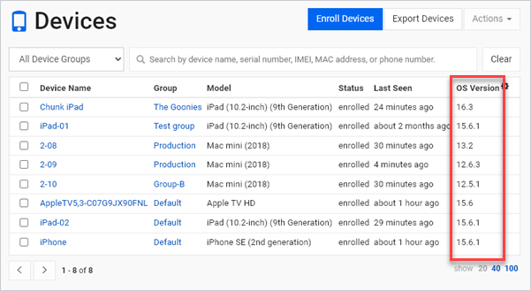 The devices list now has the OS version column displayed.
