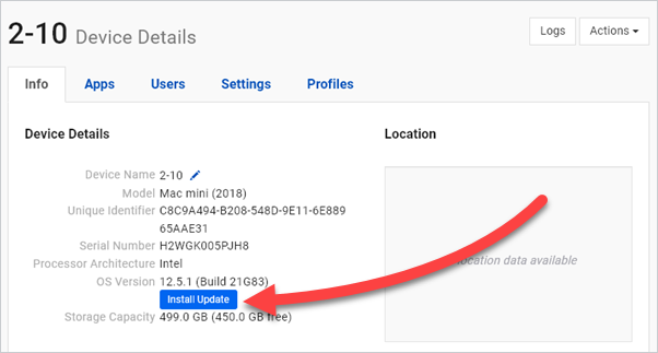 At the device details window, click Install update if the option is available, to install available updates.